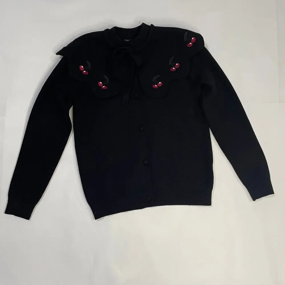 Girls Black Cardigan Sweater with Cherry Peter Pan Collar Tie Neck Size 12‎